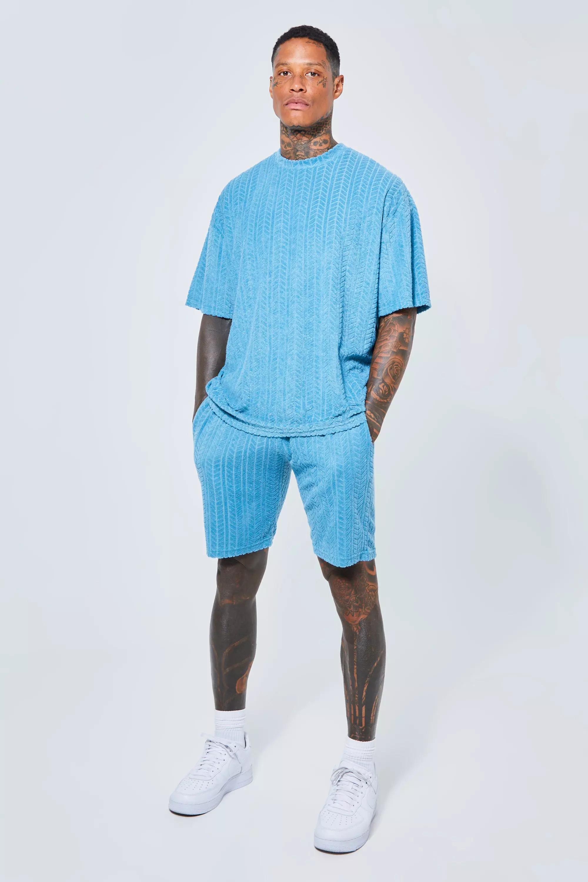 Oversized Check Towelling T-shirt & Short Set | boohooMAN USA